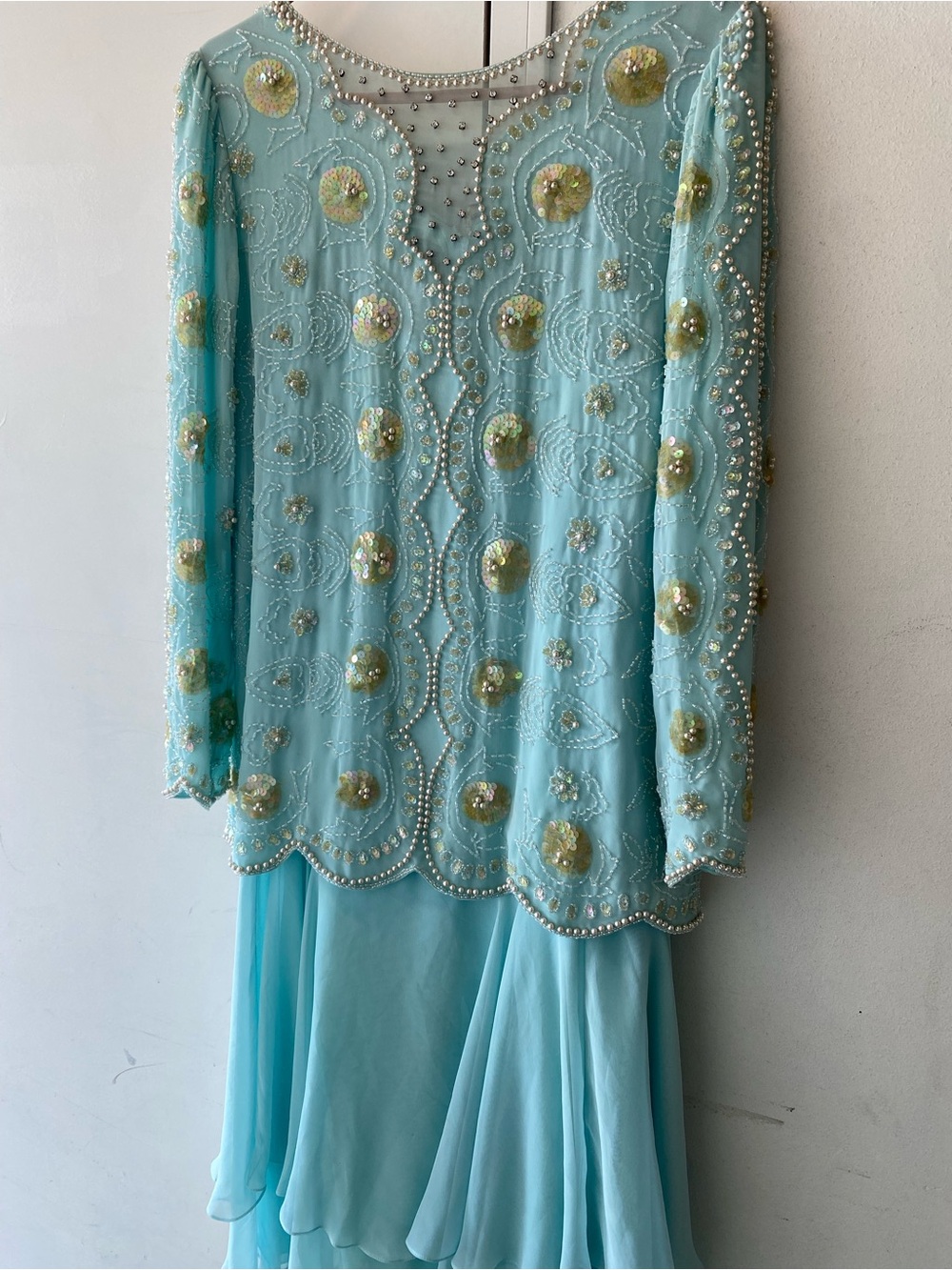 Vintage Jack Byrne light Blue Beaded Formal Dress with Gold Embellishments
